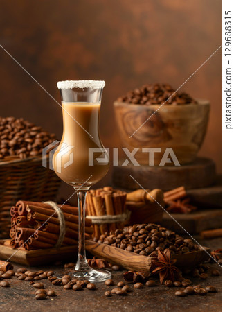 Irish cream and coffee liqueur on a brown background. 129688315