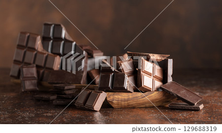 Broken bitter and milk chocolate bars on a brown background. 129688319