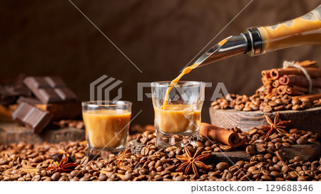Irish cream and coffee liquor is poured from a bottle into a glass. Irish cream and coffee liquor is poured from a bottle into a glass. 129688346