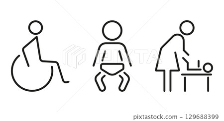 Wheelchair, Baby and Diaper Changing Station Line Icon Set. Accessibility, Childcare and Parenting Outline Symbol Collection. Editable Stroke. Isolated Vector Illustration 129688399