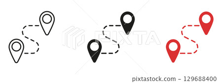 Location Pin Pathway Line And Solid Icon Set. Navigation, Route Planning, And Gps Tracking Outline And Silhouette Symbol Collection. Travel And Directional Guidance. Isolated Vector Illustration 129688400