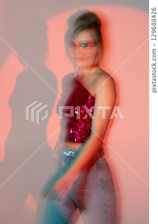 Beautiful woman retro lifestyle studio portrait Beautiful woman retro lifestyle studio portrait 129688426