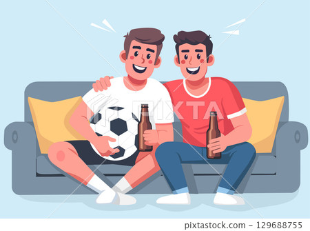 Flat illustration of two men sitting on a sofa, relaxing and cheering on a football match. Flat illustration of two men sitting on a sofa, relaxing and cheering on a football match. 129688755