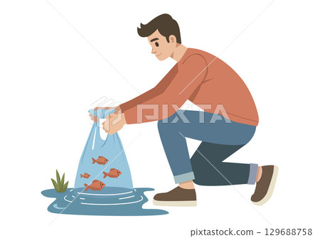 Cartoon image of a young man releasing fish into the water. Cartoon image of a young man releasing fish into the water. 129688758