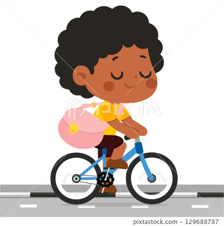 Cartoon Boy Riding a Bicycle on the Road Cartoon Boy Riding a Bicycle on the Road 129688787