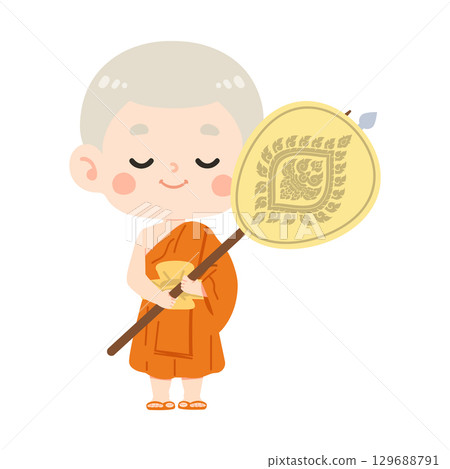 Cartoon of a Buddhist Monk Holding a Fan Cartoon of a Buddhist Monk Holding a Fan 129688791