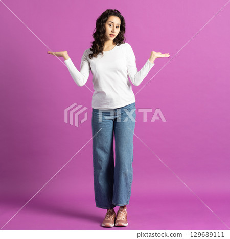 Beautiful woman portrait with raised hand palms Beautiful woman portrait with raised hand palms 129689111