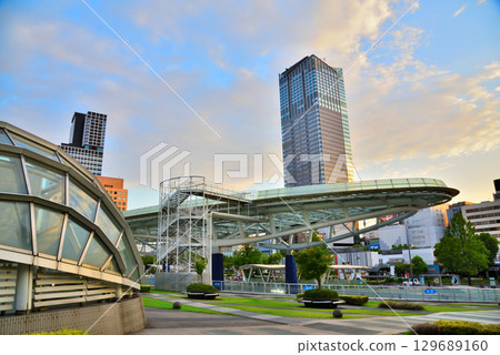 Aichi Prefecture Nagoya Cityscape: Evening view of Sakae Oasis 21 and skyscrapers Aichi Prefecture Nagoya Cityscape: Evening view of Sakae Oasis 21 and skyscrapers 129689160