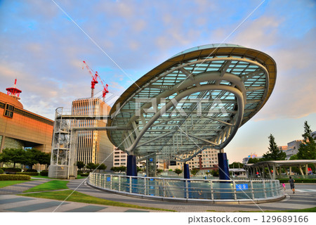 Aichi Prefecture Nagoya Cityscape: Evening view of Sakae Oasis 21 and skyscrapers 129689166