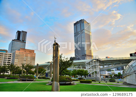 Aichi Prefecture Nagoya Cityscape: Evening view of Sakae Oasis 21 and skyscrapers 129689175