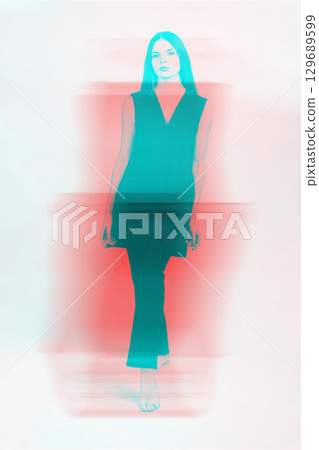 Beautiful woman with black suit studio portrait in rgb color split effect style Beautiful woman with black suit studio portrait in rgb color split effect style 129689599