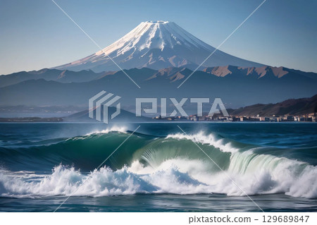 Rough sea, blue sky and Mt. Fuji 129689847
