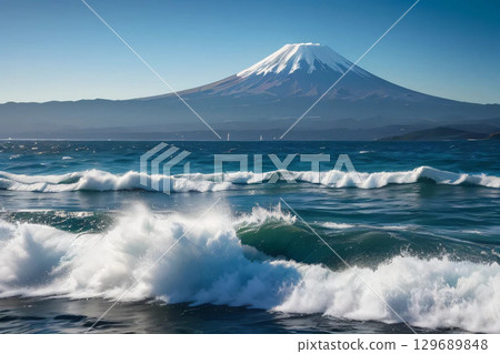 波濤洶湧的大海、藍天和富士山 129689848