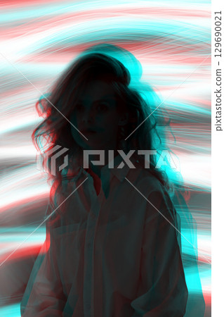 Abstract woman studio portrait with light painting technique in RGB color split effect style Abstract woman studio portrait with light painting technique in RGB color split effect style 129690021