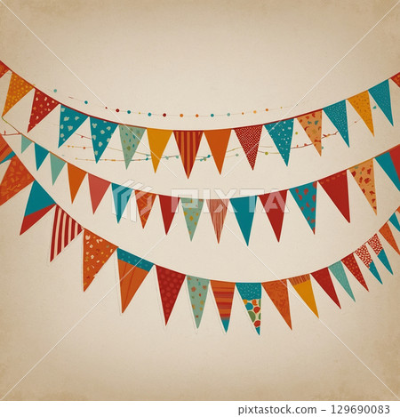 A vibrant collection of colorful flags hanging beautifully on a string A vibrant collection of colorful flags hanging beautifully on a string 129690083