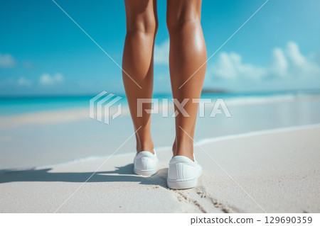 穿著白色運動鞋在沙灘上行走的女人的腳 129690359