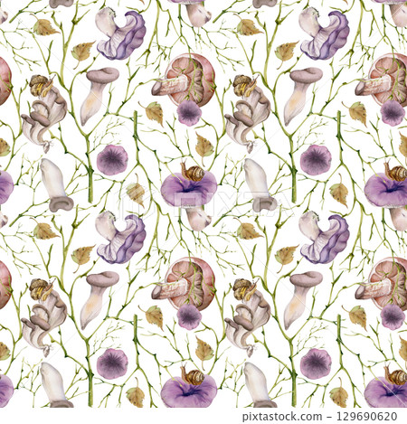 Russula webcap hiratake oyster mushroom, fallen autumn leaves snails, twisting brambles branches twigs. Fungi nature watercolor hand drawn seamless pattern. Wild food market packaging, gift wrapping Russula webcap hiratake oyster mushroom, fallen autumn leaves snails, twisting brambles branches twigs. Fungi nature watercolor hand drawn seamless pattern. Wild food market packaging, gift wrapping 129690620