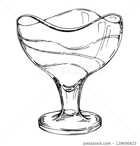 Sundae transparent dessert bowl, glass vase, tableware crystal footed dish, wine cup. Vector sketch, graphic illustration hand drawn in ink. Florist, tasting event flyers, bar menu or kitchen ware Sundae transparent dessert bowl, glass vase, tableware crystal footed dish, wine cup. Vector sketch, graphic illustration hand drawn in ink. Florist, tasting event flyers, bar menu or kitchen ware 129690625