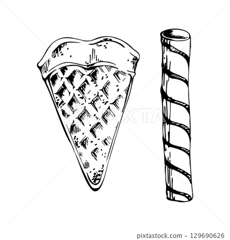 Waffle triangle piece, crispy pastry, rolled wafer biscuit with visible spiral lines. graphic illustration hand drawn in vector ink. Dessert garnish, ice cream topping art, bakery packaging decor Waffle triangle piece, crispy pastry, rolled wafer biscuit with visible spiral lines. graphic illustration hand drawn in vector ink. Dessert garnish, ice cream topping art, bakery packaging decor 129690626