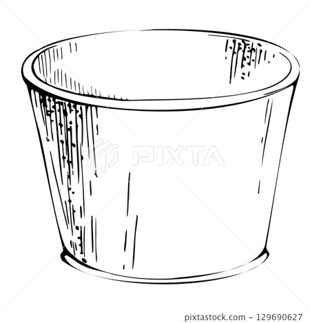 Empty recycled paper or plastic cup, disposable bowl, single use zero waste bucket. graphic illustration hand drawn in vector ink. Deli fast food snack container, flower cachepot, garden cleaning tool 129690627