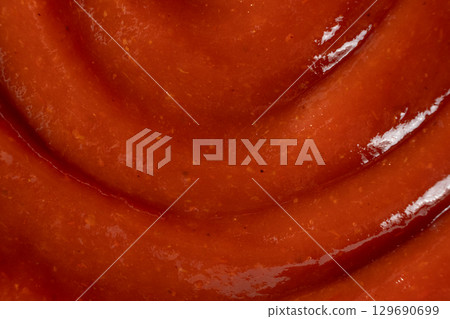 Smooth Ketchup Texture Macro Shot. Culinary Red Sauce Background. 129690699