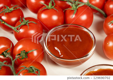 Traditional Ketchup Served in Bowl. Farm Fresh Tomato Arrangement. 129690702