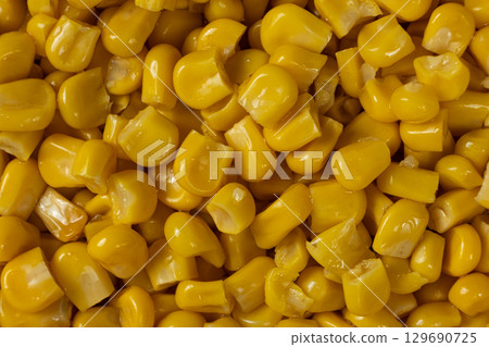 Sweet Canned Corn Close-Up Macro Texture Detail. 129690725