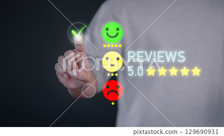 Experience interface business concept with reflect positive customer, testimonial, feedback and satisfaction survey interaction. Customer gives five star rating on a digital review system. 129690931