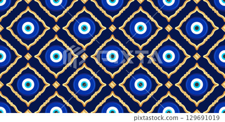 Evil eye seamless pattern. Turkish vector background with blue beads and magic nazar. Mystic Greek amulet is the symbol of protection and luck. Arabic and Mediterranean ethnic wallpaper 129691019