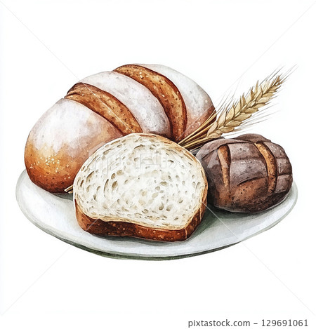 Watercolor wheat bread. Bakery picture for design on white background Watercolor wheat bread. Bakery picture for design on white background 129691061