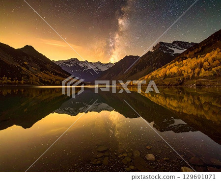 Starry sky reflected on the lake surface Starry sky reflected on the lake surface 129691071