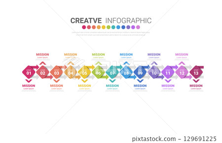Infographic design template with 13 options, Can be used for process diagram, presentations, workflow layout, banner, flow chart, info graph. 129691225