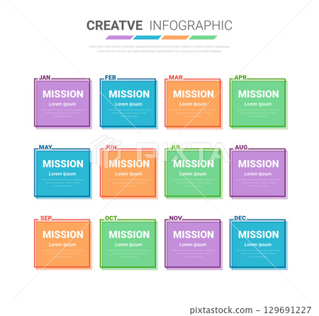 Timeline for 1 year, 12 months, infographics all month planner design and Presentation business can be used for workflow, process diagram, flow chart. 129691227