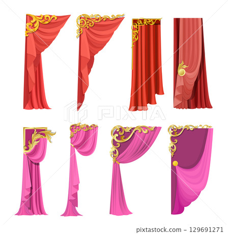 Red and pink curtain with Baroque ornament. Square theater background. Artistic poster Red and pink royal silk decorative background illustration. 129691271