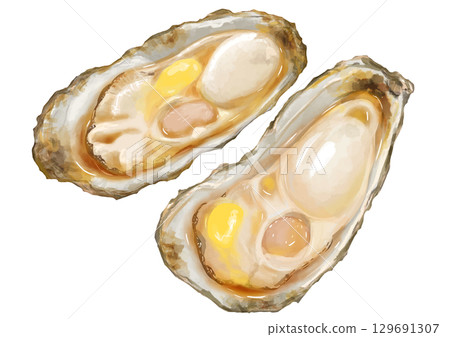 冬天來了！寫實烤牡蠣（奶油和醬油）插畫 129691307