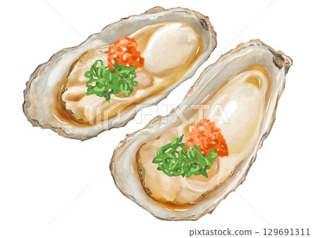 冬天來了！寫實牡蠣插畫（楓葉和蔥） 129691311