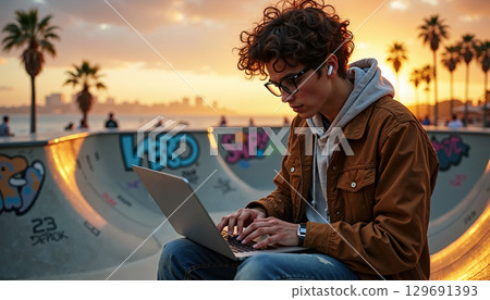 Young man with laptop outdoors 129691393