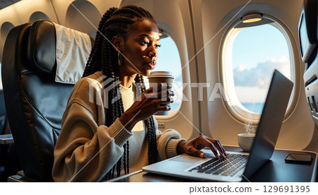 Black woman using laptop airplane 129691395