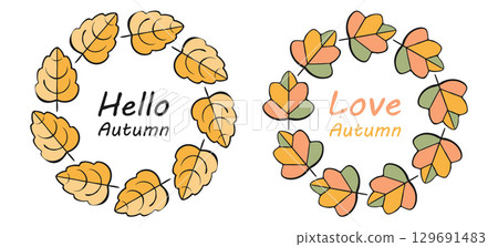 Autumn Leaves rounded Frame, cute floral wreath, doodle art style design border. Hand drawn blob brush contour stroke, black sketch line plant element. Empty text space. Colourful vector illustration 129691483