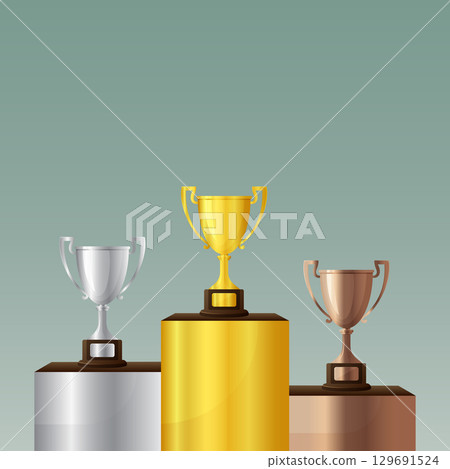 Golden silver bronze trophy cups award vector design. 129691524