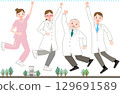 A woman and a man in white coats jumping with a smile 129691589