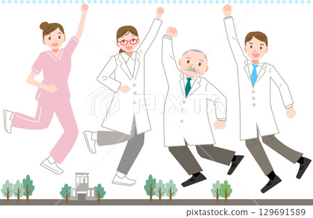 一名身穿白大褂的女子和一名男子微笑著跳躍 129691589