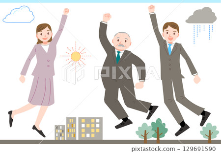 穿著西裝的微笑男女跳躍 129691590