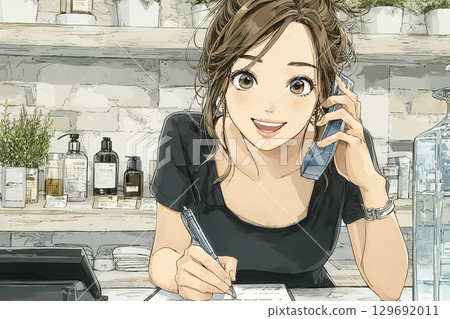 美優系列：理髮師接聽預約電話並做筆記的場景 129692011