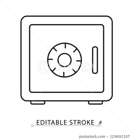 Minimalist safe icon with combination lock dial. Editable stroke vector illustration. Concept of security, money protection, hotel locker, valuables storage, privacy, safety and banking equipment. Minimalist safe icon with combination lock dial. Editable stroke vector illustration. Concept of security, money protection, hotel locker, valuables storage, privacy, safety and banking equipment. 129692107