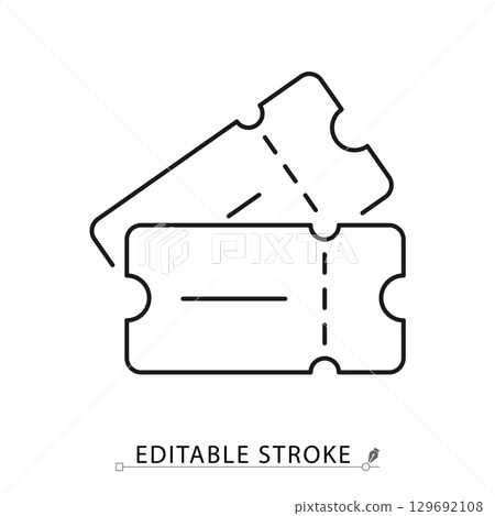 Minimalist ticket icon with editable stroke. Vector outline symbol for cinema ticket, concert pass, event entry, movie admission, travel coupon, entertainment access, invitation, festival badge. 129692108
