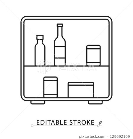Minimalist minibar icon with bottles and cans inside refrigerator. Editable stroke line art illustration. Concept of hotel service, drinks storage, alcohol, beverages, vacation and travel. 129692109