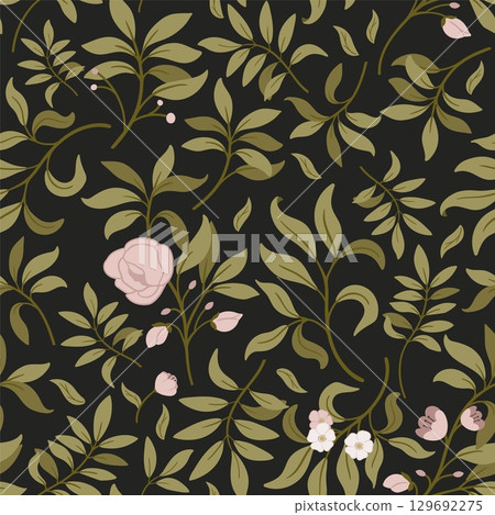 Seamless pattern of hand drawn floral elements. Flower pink, green leaves, branch. Botanic decoration vector illustration for wedding card, fabric 129692275