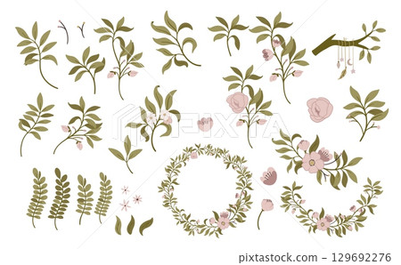 Set of hand drawn floral elements. Flower pink, green leaves, branch. Botanic decoration vector illustration for wedding card, fabric, and invitation Set of hand drawn floral elements. Flower pink, green leaves, branch. Botanic decoration vector illustration for wedding card, fabric, and invitation 129692276