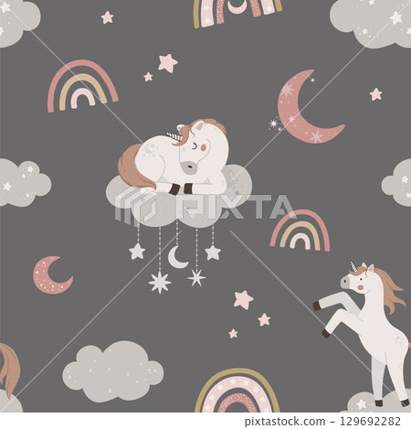 Seamless pattern with cute unicorn sleeping on cloud. Hand drawn magic horn with rainbow, stars and moon. Flat celestial vector illustration. 129692282